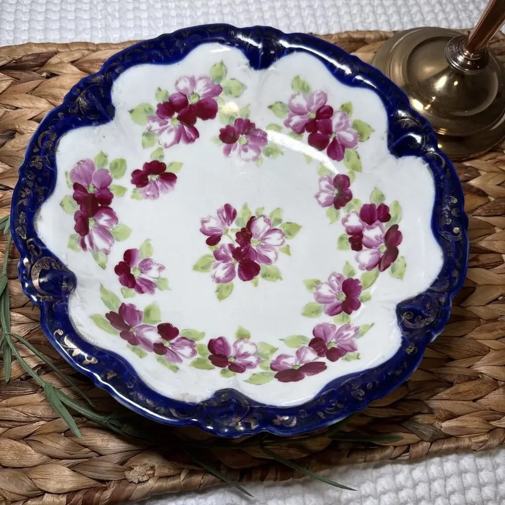 Vintage Japanese Porcelain Floral Serving Bowl Cobalt Blue Rim Scalloped MCM 9”